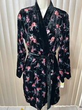 INC Burnout Short Velvet Robe M Tie Front Floral Black International Concepts