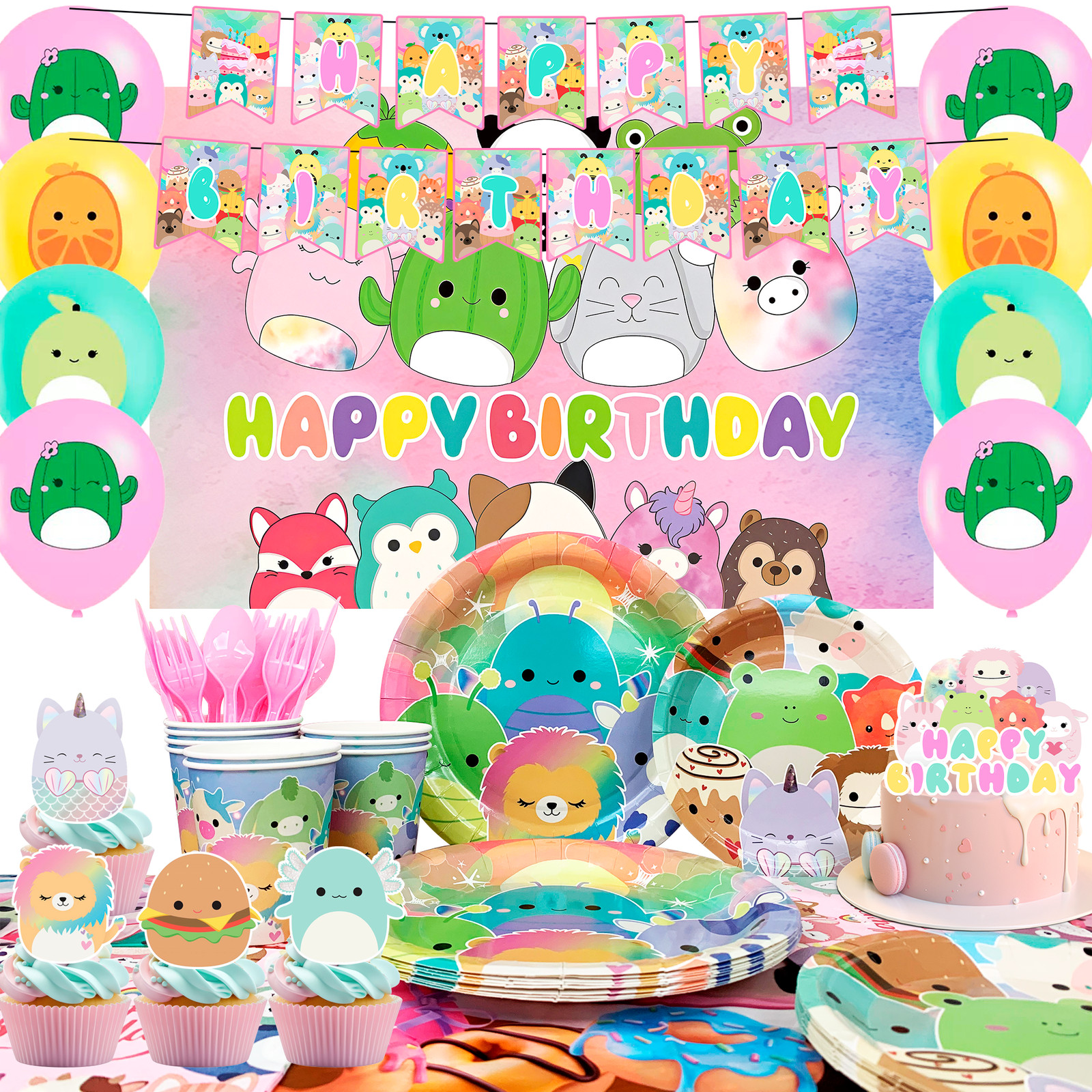 Squishmallows Party Supplies 112Pcs Squishmallows Cake Toppers Balloons Backdrop
