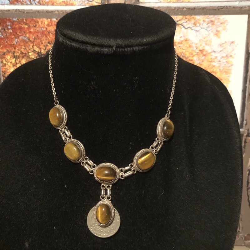 VINTAGE Native American Jeweler Sterling Silver & TIGER EYE Necklace,  ca 70's