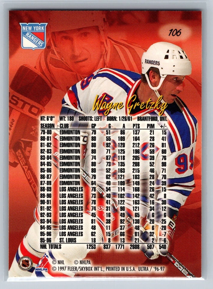 1996-97 Ultra #106 Wayne Gretzky - Image 2 of 2