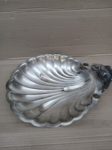 Vintage Large Silver plate Footed Shell Oyster Clam Server with Fish