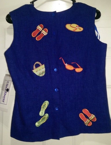 Ultra Dress NY Womens Shirt Top Size 6 Multicolor Hat Shoes Glasses Linen NEW - Picture 3 of 3