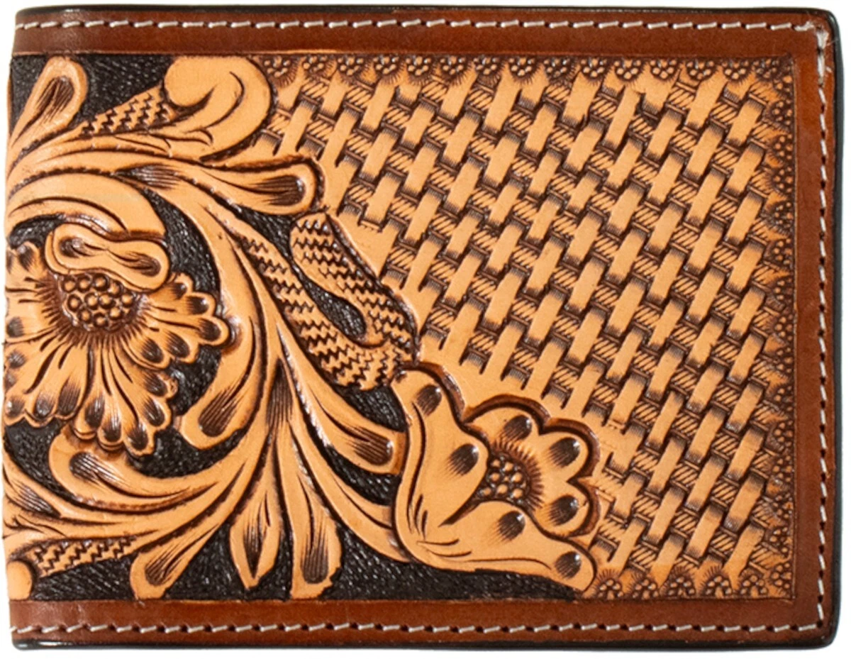 3D Western Mens Wallet Bifold Leather Tooled Floral Basket 3D Western Mens Wallet Bifold Leather Tooled Floral Basket