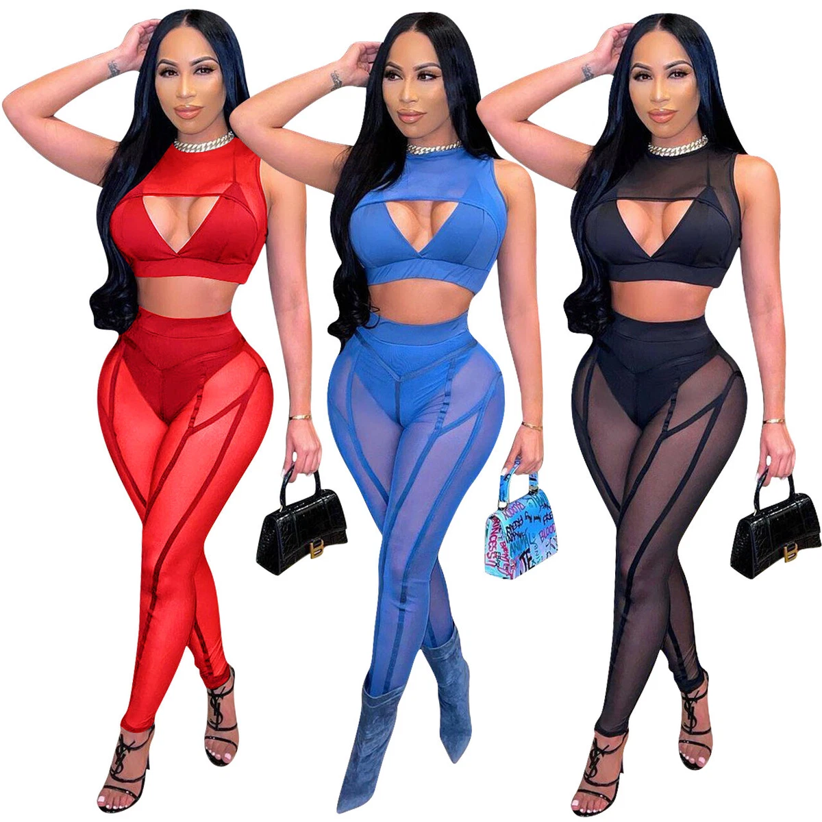 New Women Fashion Solid Sleeveless Mesh See Through Patchwork Club Outfits 2pcs
