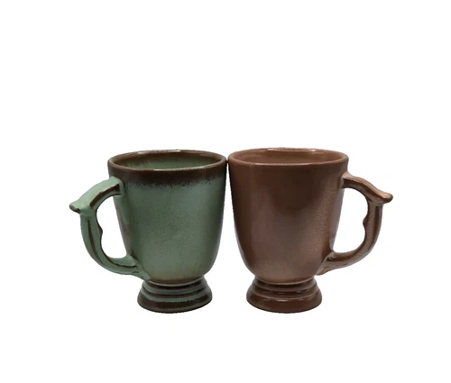 Set of 2 Frankoma Pottery Pedestal Mug C12  Prairie Green and Brown Vintage READ