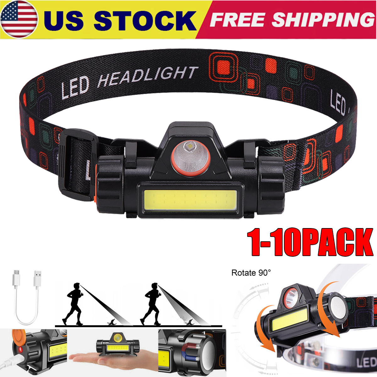 LOT COB LED Headlamp USB Rechargeable Waterproof Headlight Head Light Flashlight