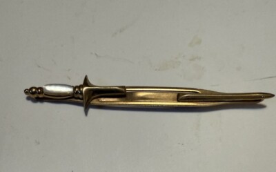 VTG  Swank Sword Knife Mother of Pearl Color Handle Tie  Clip Clasp Gold Tone V1