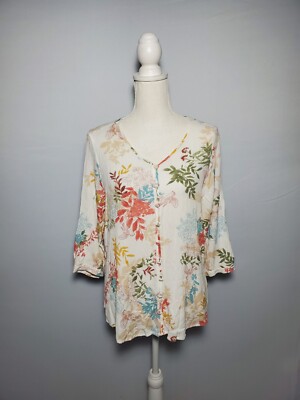 Christopher & Banks Colorful Floral Button Down 3/4 Sleeve Crinkle Top Sz Large.