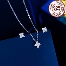 Tiny Cubic Zircon Flower Stud Earrings Necklace 925 Sterling Silver Jewelry Set