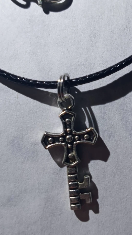 KEY CROSS LEATHER NECKLACE CROSS HOOK  EARRING 2 PC SET - Image 3 of 4