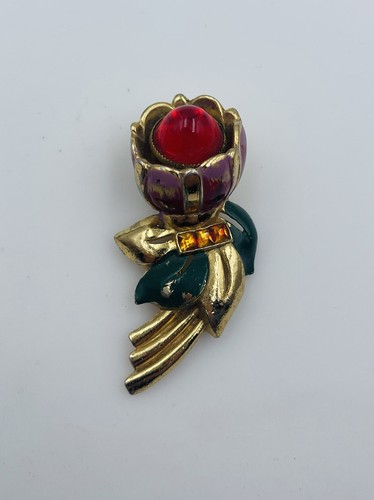 Broche Vintage Or Avec Cabochon Porcelaine Fleur émail - Fait Main, Parfait état