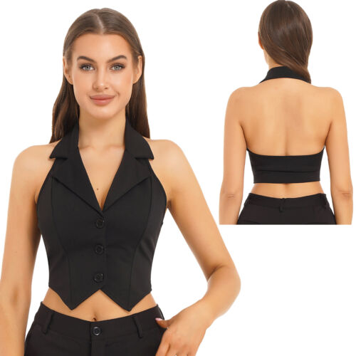 Women's V Neck Vest Lapel Halter Backless Button Down Pointed Hem Crop AU - Picture 5 of 53