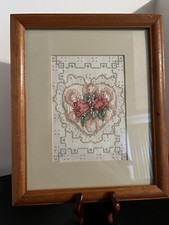 wood framed cross stitch Heart  Flowers 9.5  X 11  Frame