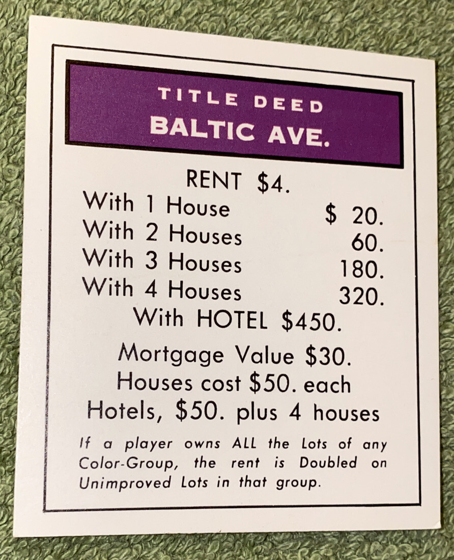 Vtg 1960’s Monopoly Game Replacement Piece Property Card Purple Baltic