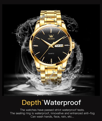 Men's Wrist Watch Steel Band Quartz Calendar Watch Waterproof Gold Black - Picture 10 of 17