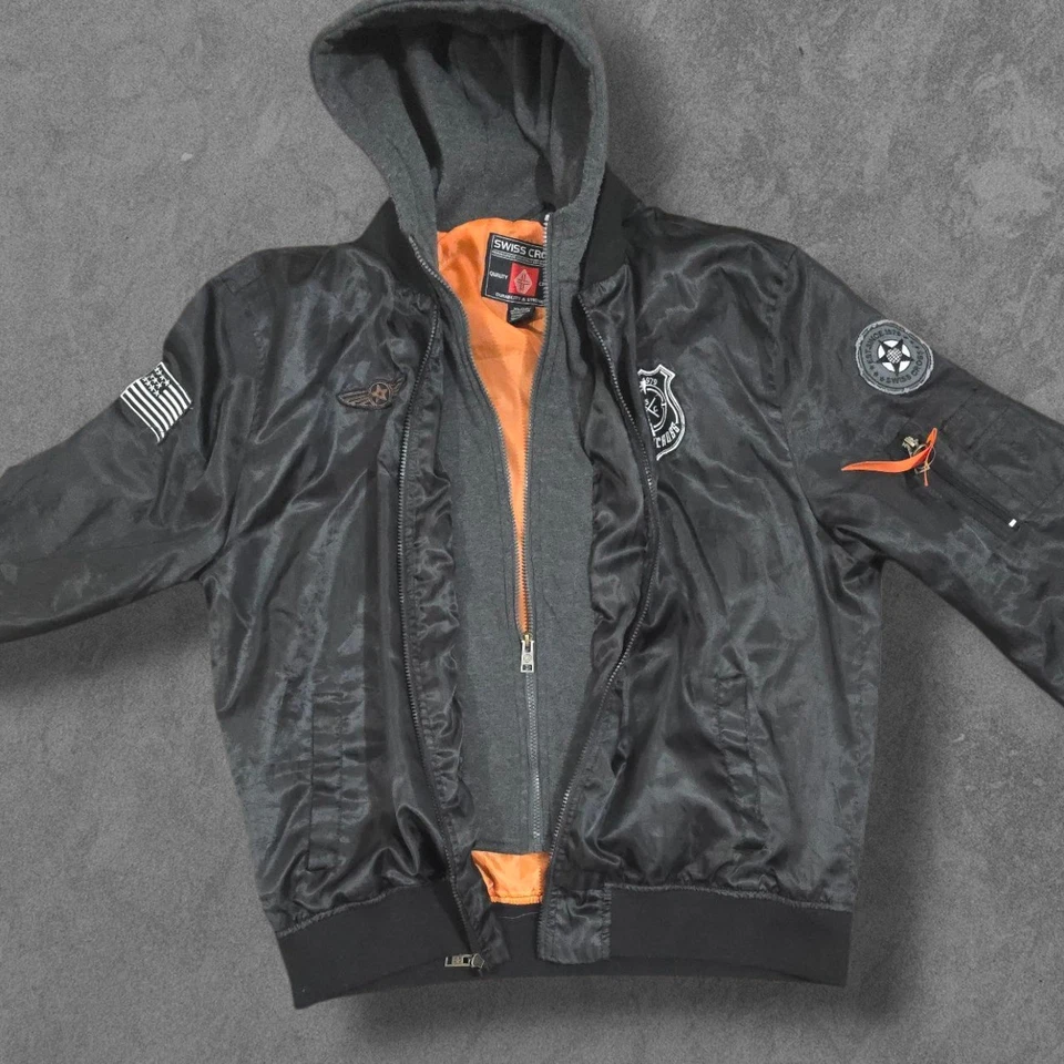  Chaqueta de bombardero Swiss Cross en capas con capucha y parches XL Y2K Streetwear  Foto 2 de 4