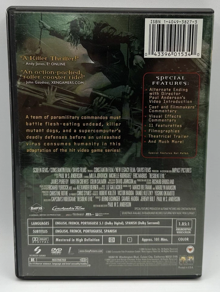 Resident Evil DVD Widescreen Deluxe Edition Mills Jocovich Michelle Rodriguez - Image 2 of 3