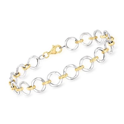 Circle and Oval Link Two-Tone Bracelet Lobster Clasp Real 14K Yellow White Gold