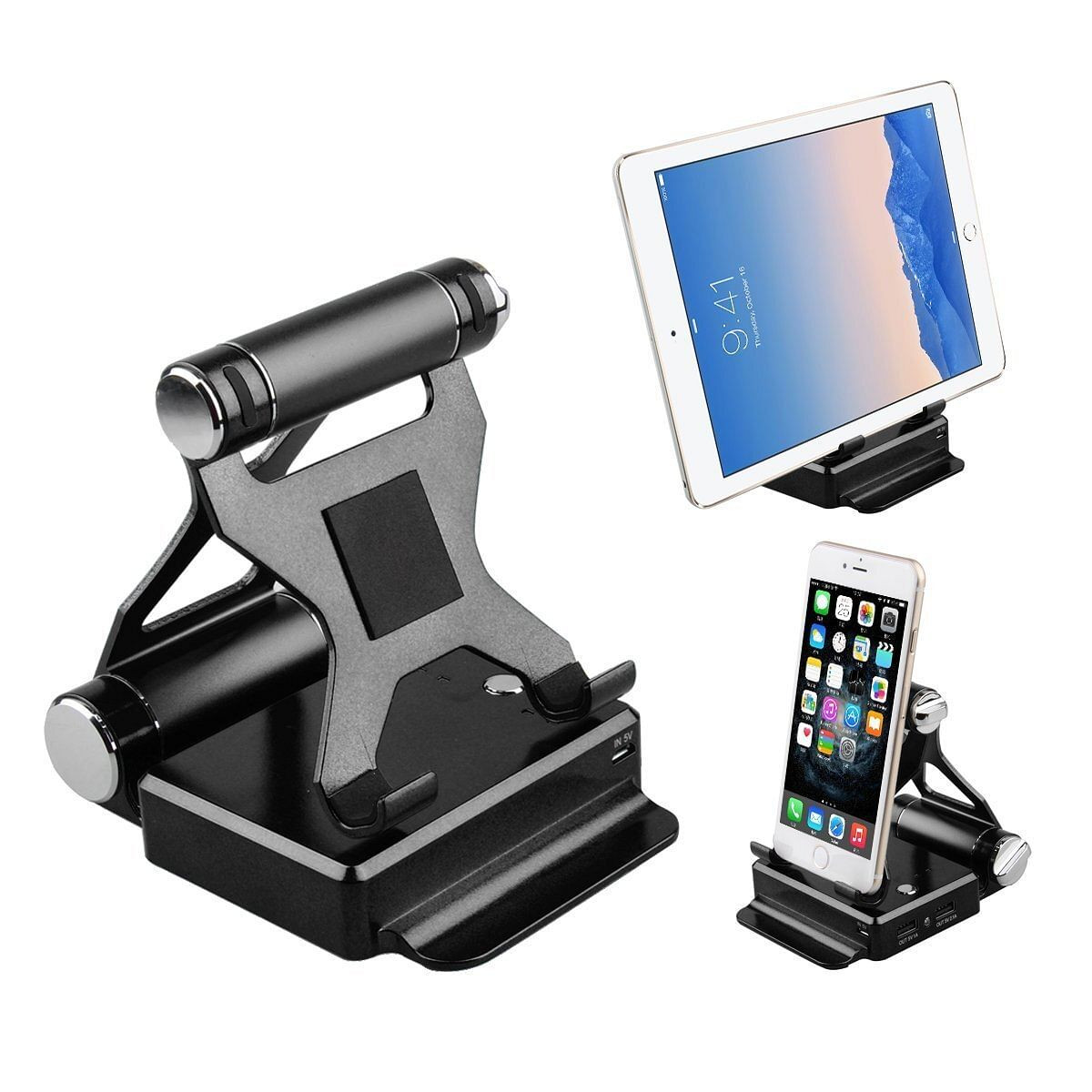 Black Podium Stand with 200% Extended Battery for iPad & iPhone, Sleek Design