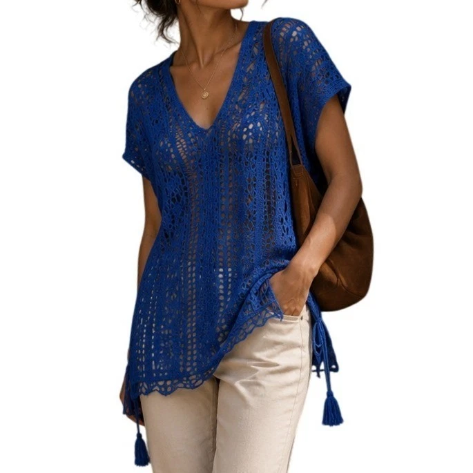 Royal Blue Crochet Knit Poncho V-Neck Tassel Tie Beach Coverup OS Best Fit M/L