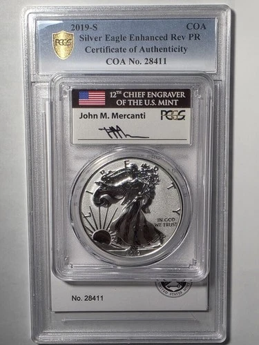 2019-S Reverse Proof American Silver Eagle PCGS PR70 FS w/ COA Mercanti Signed %