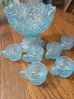 Vintage Westminster Hand Made Carnival Glass Mini Punch Bowl Set Aqua Blue 6 Cup