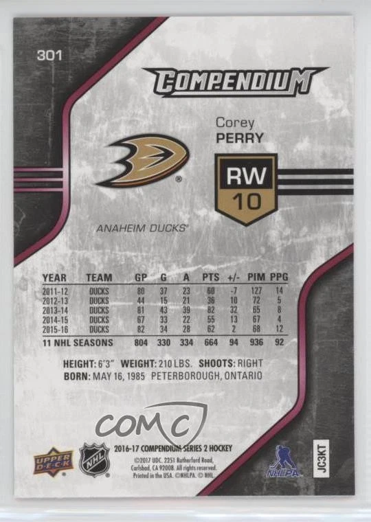 2016-17 Upper Deck Compendium Red Corey Perry #301 - Image 2 of 2