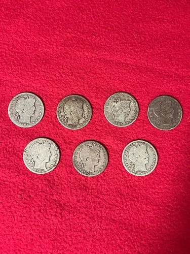 US Barber Half Dollars -  7 Coins   - Fine Silver - Fine Details - Junk Lot