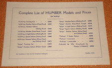 Humber Range - Original 1930 Uk Modelsprice List Card Humber Range - Original 1930 Uk Modelsprice List Card