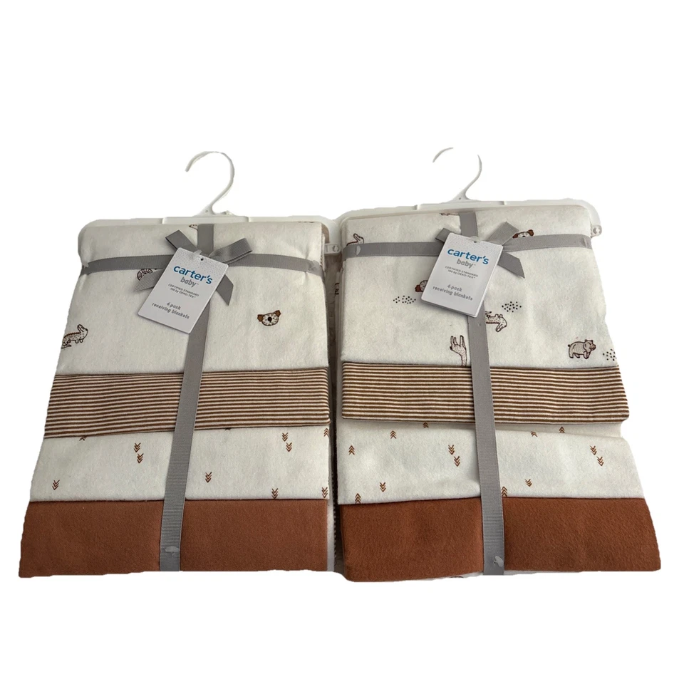 2 sets Carter’s Baby Receiving Blankets 4pk each Cotton brown Safari animals  - Image 2 of 4