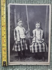Antique Cabinet Card Photo Two Girls Swing Plaid Dresses Children Portrait 1890s