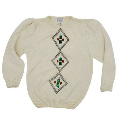 Vintage 1980s Gladys Bagley Angora Silk Jewel Beaded Ivory Sweater Medium