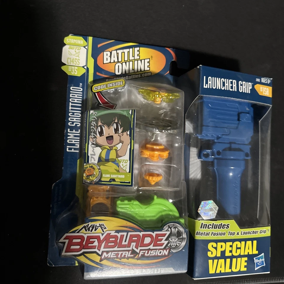 Tarjeta de anime Hasbro Beyblade Flame Sagitario Metal Fusion + Launcher Grip BB-35 Foto 2 de 4