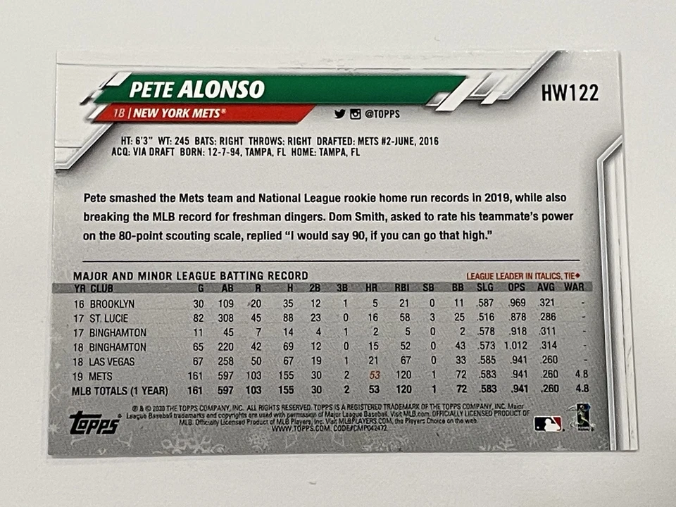 2020 Topps Holiday Baseball #HW122c - Pete Alonso - New York Mets - Image 2 of 2