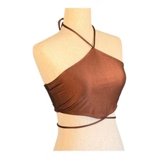 Chocolate Brown Satin Asymmetrical Halter Wrap Backless Top Approx. S/M