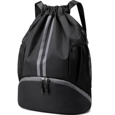 Sports Drawstring Backpack - Swim Gym Bag for Women and Men, Black