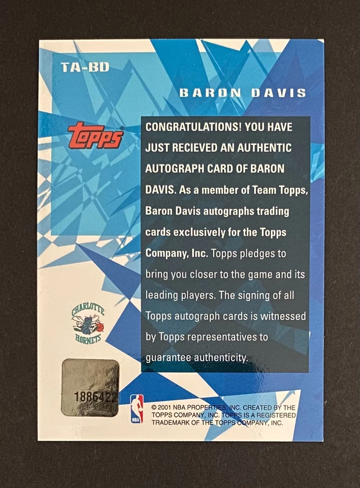 2001 Topps - Team Topps Certified Autograph Issue Baron Davis TA-BD (AU) PERFEITO+. - Imagem 2 de 2