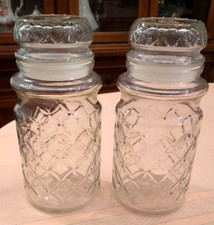 (2) Planters Mr. Peanut Diamond Pattern Clear Glass Jars With Lids (1984)