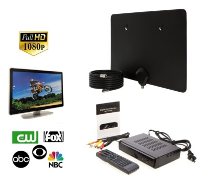 Black Digital Indoor TV Antenna Bundle w/Converter Box & RG6 Coaxial Cable LOT