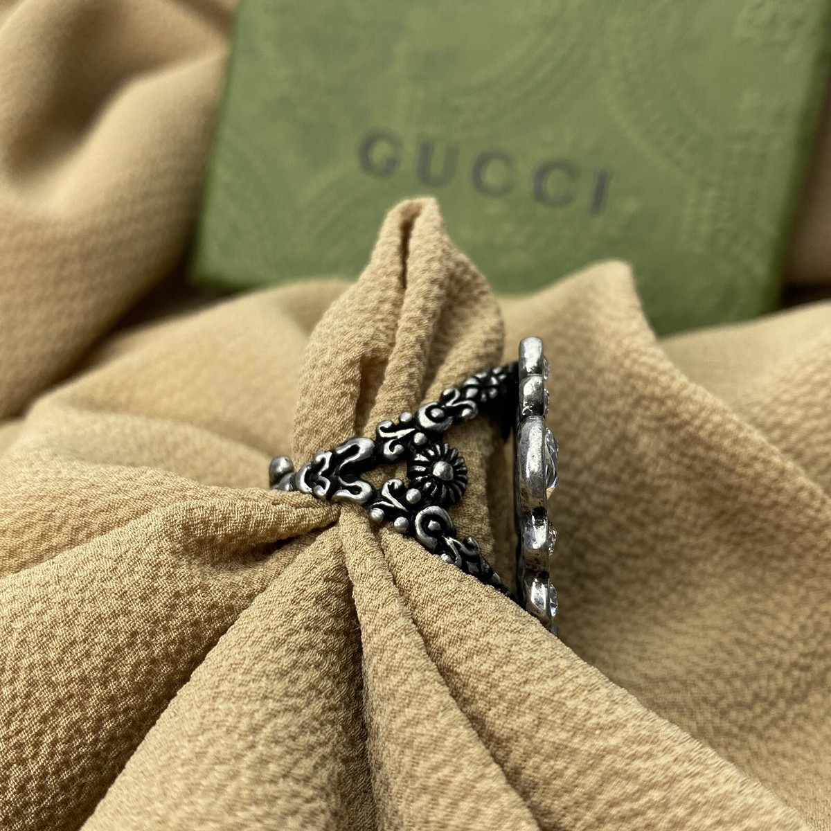 NEW Gucci Silver Marmont GG Ring with Crystals - Size XS 5 - 5.25