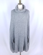 Soft Surroundings Turtleneck Cape Poncho Wool Blend Grey One Size Chunky Knit