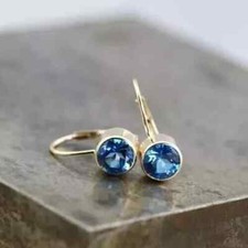 Blue Topaz 2Ct Round Cut Lab Created Drop/Dangle Earrings 14k Yellow Gold Plated