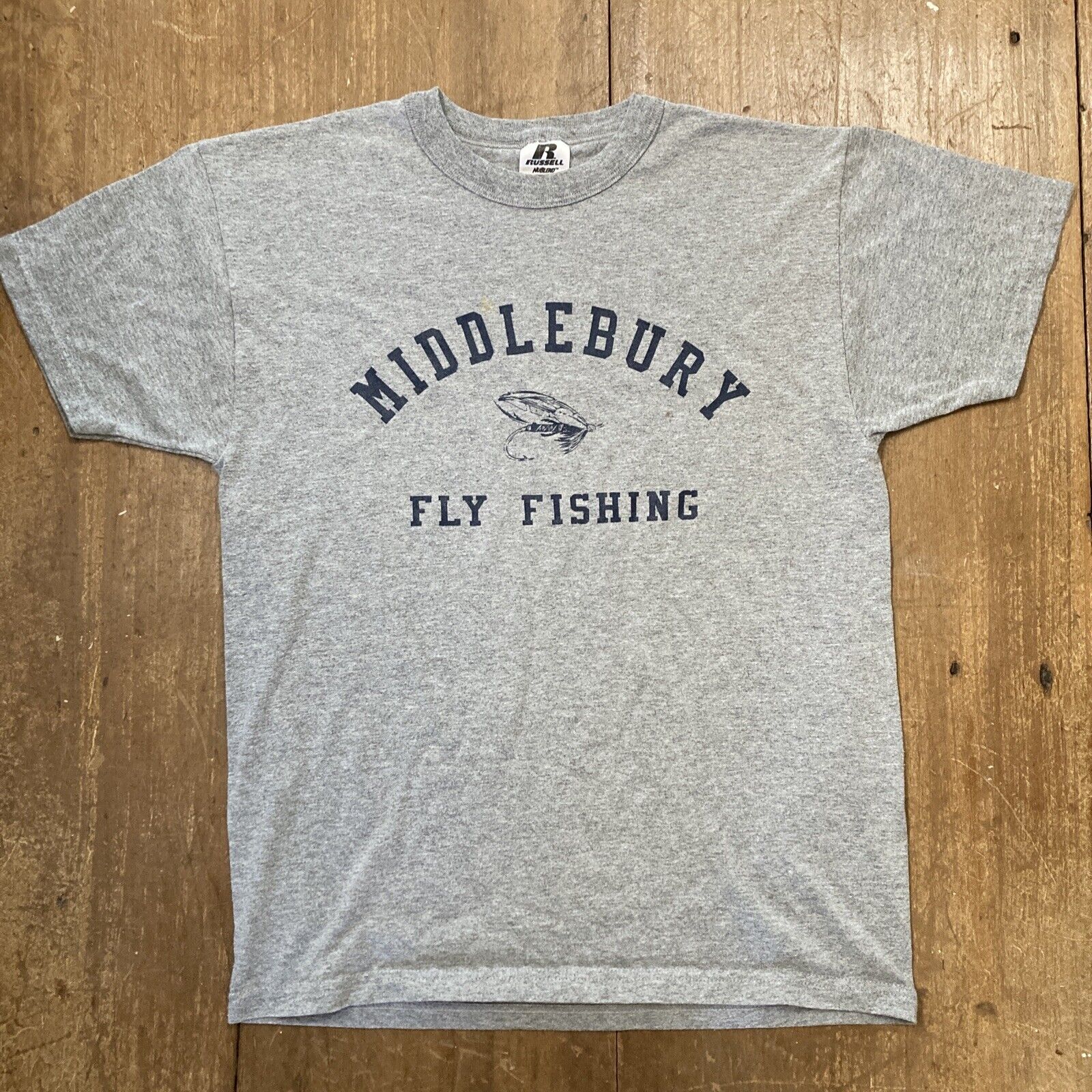 Vintage MIDDLEBURY COLLEGE FLY FISHING Tee Shirt Gray Russell