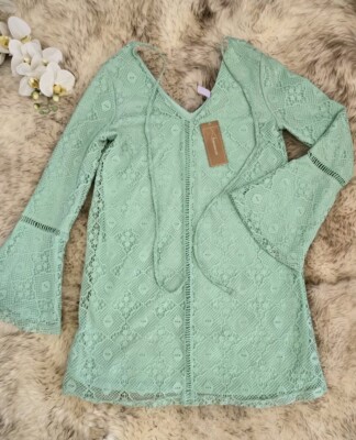 Alya Francescas Mini Dress Light Green Lace Long Bell Sleeves Sz XS Tunic Top 
