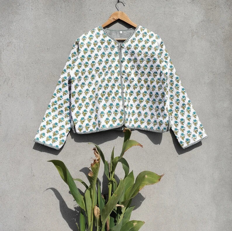 AMERI ★ INDIA BLOCK PRINT JACKET Reversible Block Print Cotton Quilted Jacket: Indigo Short