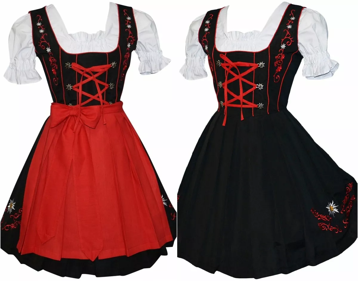 L 14 Short German Dirndl Dress Black Oktoberfest Holiday Party EMBROIDERY 3 Pcs
