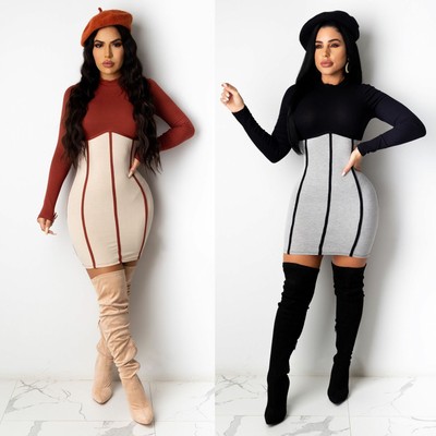 Download New Women Sexy Bodycon Mock Neck Long Sleeve Stitching ...