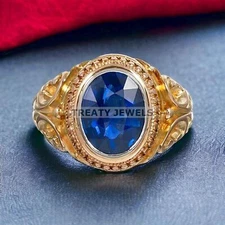 Blue Sapphire Oval Cut With 925 Sterling Silver Gold Plated Ring For Men #328