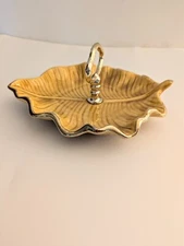 Vintage California Pottery #703 Yellow Leaf Tidbit Nut Dish w/Handle Gold Edge