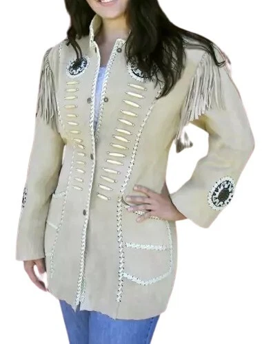 OFF WHITE Giacca donna nativi americani pelle scamosciata con frange e perline colore bianco beige